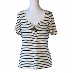 Sanctuary Striped Ruched V-Neck Top Women’s XL NWT Black White Ribbed Tee